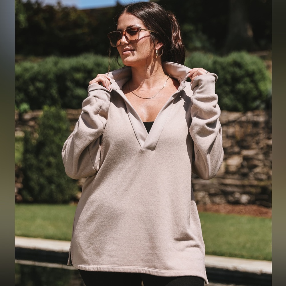 Tribe Kelley Butter Henley V Neck Collared Tee in Desert Mariage